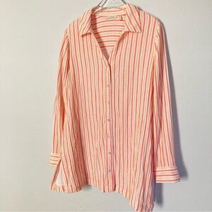 Soft Surroundings Top Women Medium Crinkle Gauze Tunic Coastal Cotton Stripes